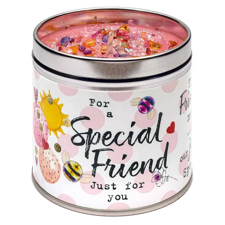 White candle tin with colourful sparkly topping and "For a Special Friend — Just for you" design with sunshine and bumblebee detail
