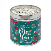 Teal festive candle tin with sparkly topping and "A gift from Me to You at Christmas" design with candy canes, red berries and gold stars