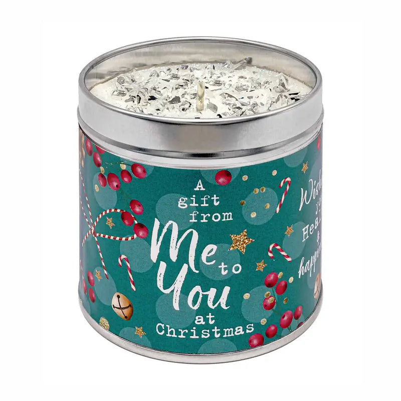 Teal festive candle tin with sparkly topping and "A gift from Me to You at Christmas" design with candy canes, red berries and gold stars