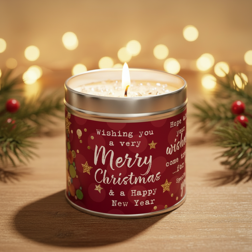 Merry Christmas & Happy New Year candle tin styled with warm golden bokeh fairy lights in a cosy Christmas setting, lit with a warm glowing flame