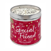 Festive candle tin with sparkly topping and "For my Special Friend at Christmas" design with colourful hearts and festive details