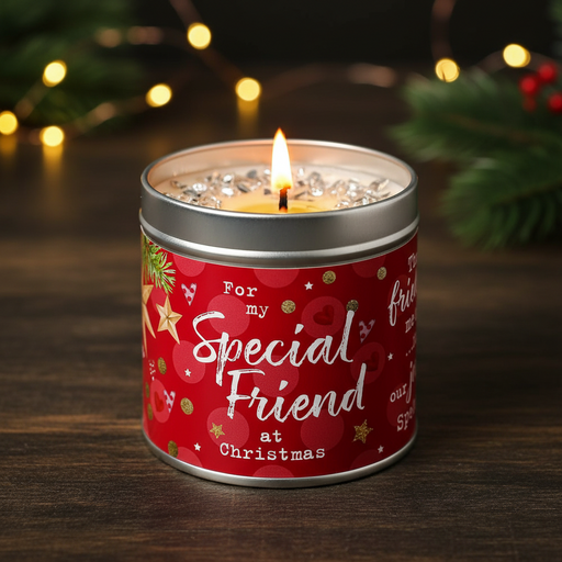 Special Friend at Christmas candle tin lit with a warm glowing flame, styled on a rustic wooden surface with golden bokeh fairy lights in a cosy festive setting⠋
