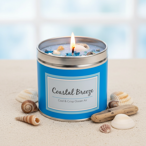 Coastal Breeze scented candle lit and glowing in a bright blue tin with seashells and sparkly topping, styled with scattered seashells and driftwood, soft coastal background
