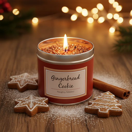 Gingerbread Cookie scented candle lit and glowing in a terracotta tin with bronze sparkly topping, styled with gingerbread biscuits and cinnamon stick, warm golden background