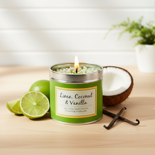 Lime, Coconut & Vanilla scented candle lit and glowing in a green tin with sparkly topping, styled with lime slices, coconut and vanilla pod, bright natural background