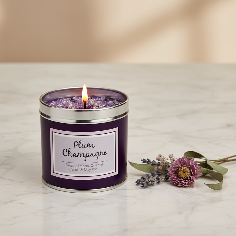 Plum Champagne scented candle lit with a warm glowing flame, styled on a light surface with soft warm light and elegant, luxurious styling