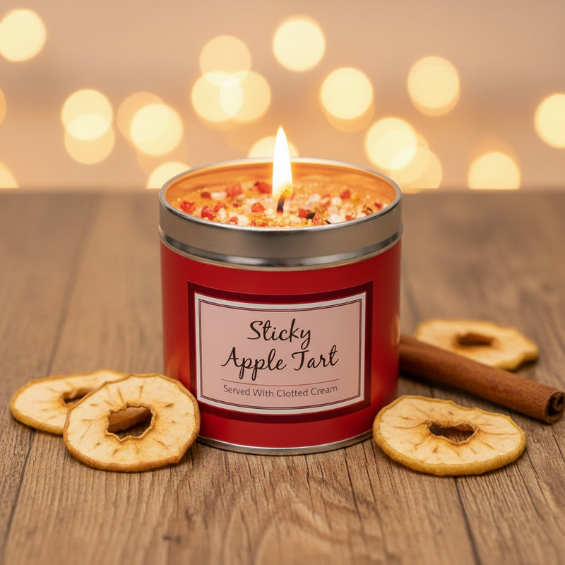 Sticky Apple Tart scented candle lit and glowing in a tin with sparkly topping, styled on a wooden surface with dried apple slices and cinnamon stick, warm bokeh background