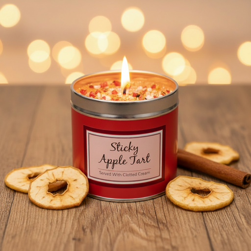 Sticky Apple Tart scented candle lit and glowing in a tin with sparkly topping, styled on a wooden surface with dried apple slices and cinnamon stick, warm bokeh background
