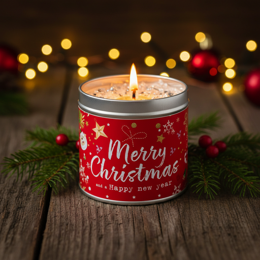 Merry Christmas and Happy New Year candle tin with silver sparkly topping, candle lit with a warm glowing flame, sitting on a rustic wooden surface with warm golden bokeh fairy lights and subtle pine sprigs in the background