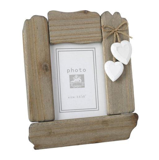 Rustic driftwood-style wooden photo frame with two white hanging hearts on jute twine bow, holds 3.5 x 5 inch photo