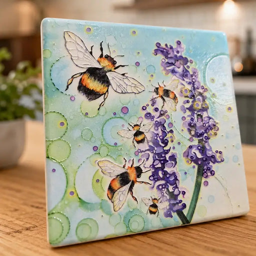 Bumblebee and Lavender ceramic coaster standing upright on wooden kitchen worktop showing full design with bumblebees in flight around purple lavender stem and teal bubble-effect background