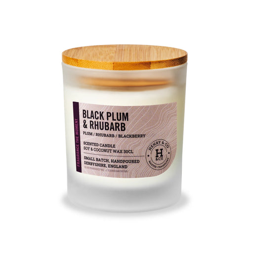 Henry & Co Black Plum and Rhubarb scented candle 30cl in a frosted glass vessel with bamboo lid on a white background