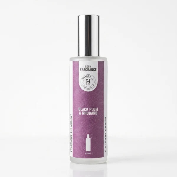 Henry & Co Black Plum and Rhubarb room fragrance spray 100ml in a glass bottle with silver cap on a white background