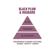 Henry & Co Black Plum and Rhubarb fragrance pyramid showing plum rhubarb and blackberry notes on a white background