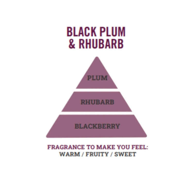 Henry & Co Black Plum and Rhubarb fragrance pyramid showing plum rhubarb and blackberry notes on a white background