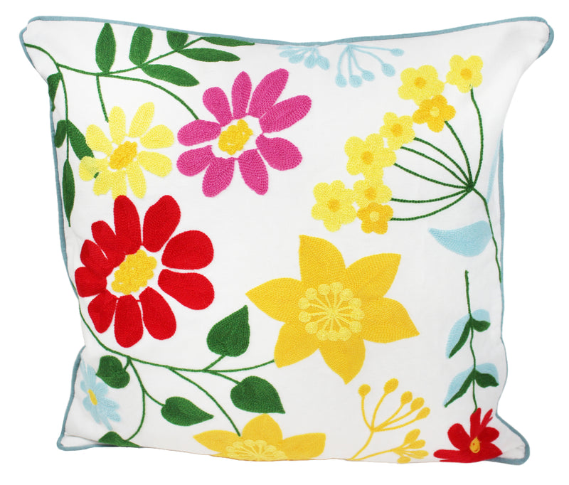 Bright Blooms Embroidered Floral Cushion with large embroidered flowers in reds, pinks, yellows and blues with green foliage and botanical stem details on white cotton background with duck egg blue piped edge, 45 x 45 cm, on white background