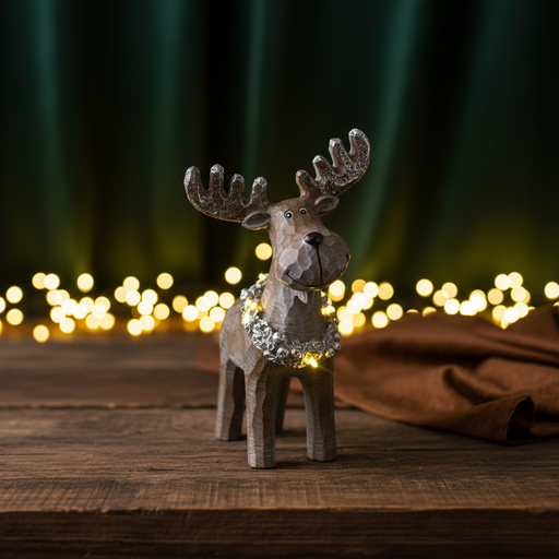 A deep brown textured moose ornament with silver-tipped antlers and a smiling face, wearing a silver decorative wreath with glowing LED lights around his neck, displayed against a Christmas background with warm golden bokeh fairy lights