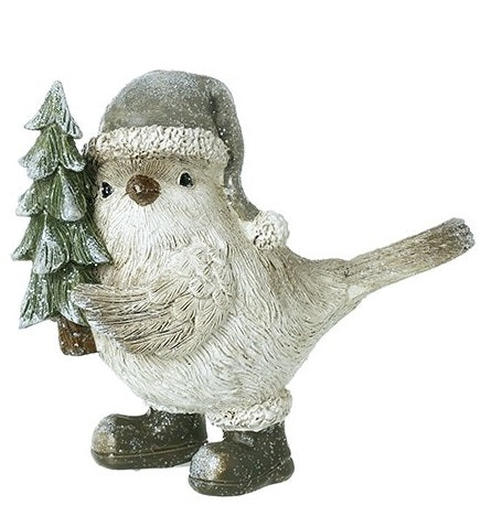 Christmas bird figurine with sparkly finish wearing a grey santa hat and chunky boots, holding a glittery Christmas tree