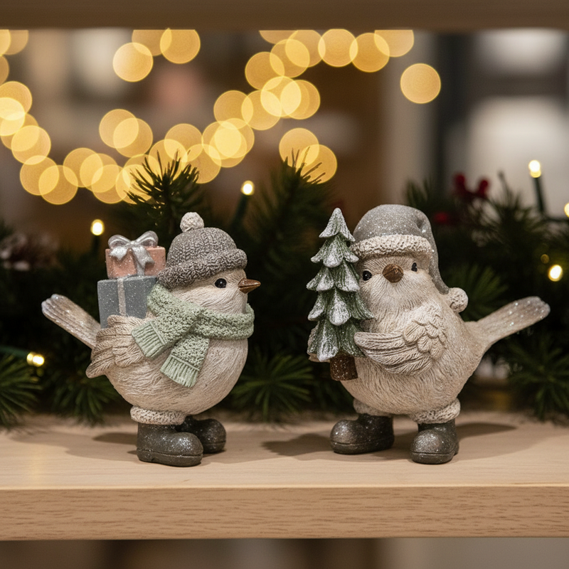 Two Christmas bird figurines sitting together on a light wood shelf with warm golden bokeh fairy lights in a cosy festive setting