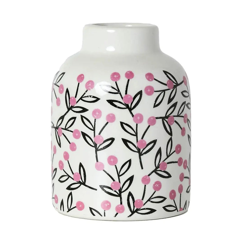 Pink Berries ceramic bud vase, front view on white background showing wrap-around pink berry design