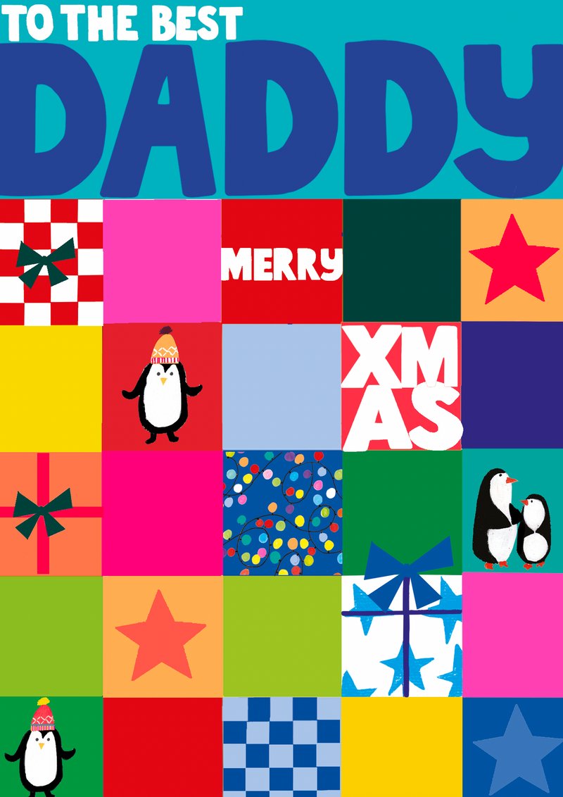 Patchwork Christmas card for Daddy with ‘To the Best Daddy’ lettering, penguin illustrations, stars and presents.