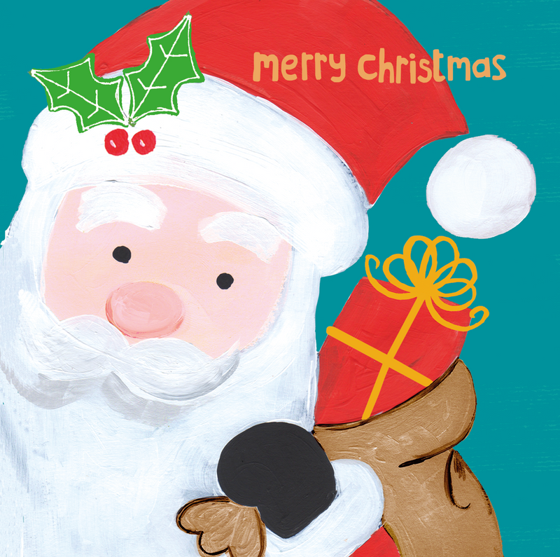 Front design for a box of 5 Christmas cards featuring Santa with a sack of presents beneath a ‘Merry Christmas’ greeting.