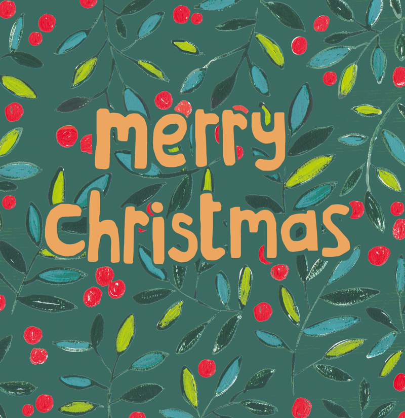 Boxed set of five Christmas cards featuring illustrated leafy branches and berry details around bold ‘Merry Christmas’ lettering