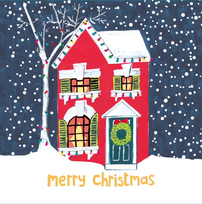 Five boxed Christmas cards featuring a snowy house with glowing windows and a wreath on the door, with a Merry Christmas greeting