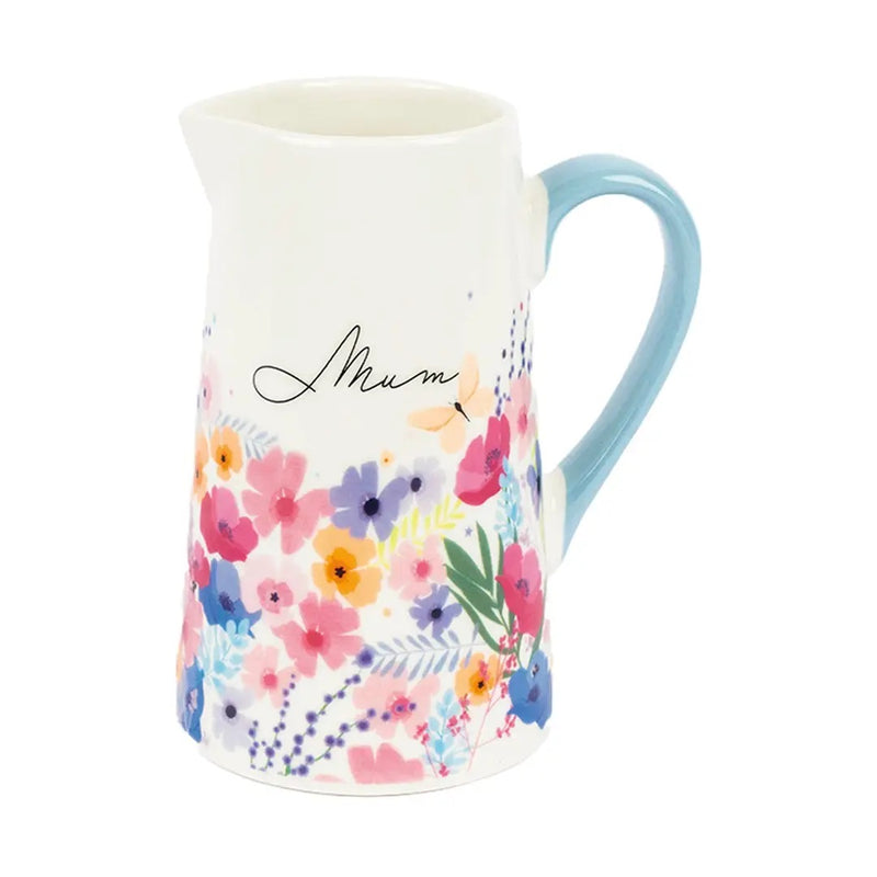 Meadow Mum bone china floral jug with wrap-around flower design and pastel blue handle, front view on white background