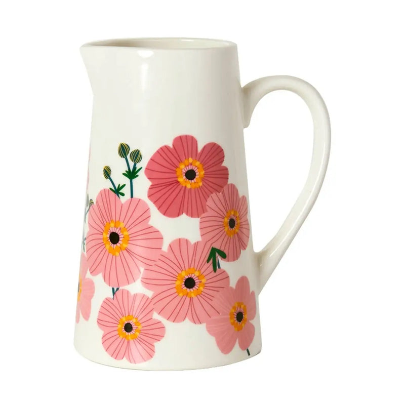 Pink Cosmos bone china jug with bold wrap-around pink cosmos flower design, front view on white background