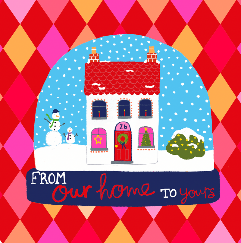 Christmas card showing a snow-globe scene with a snowy cottage and two snowmen, with the greeting ‘From our home to yours