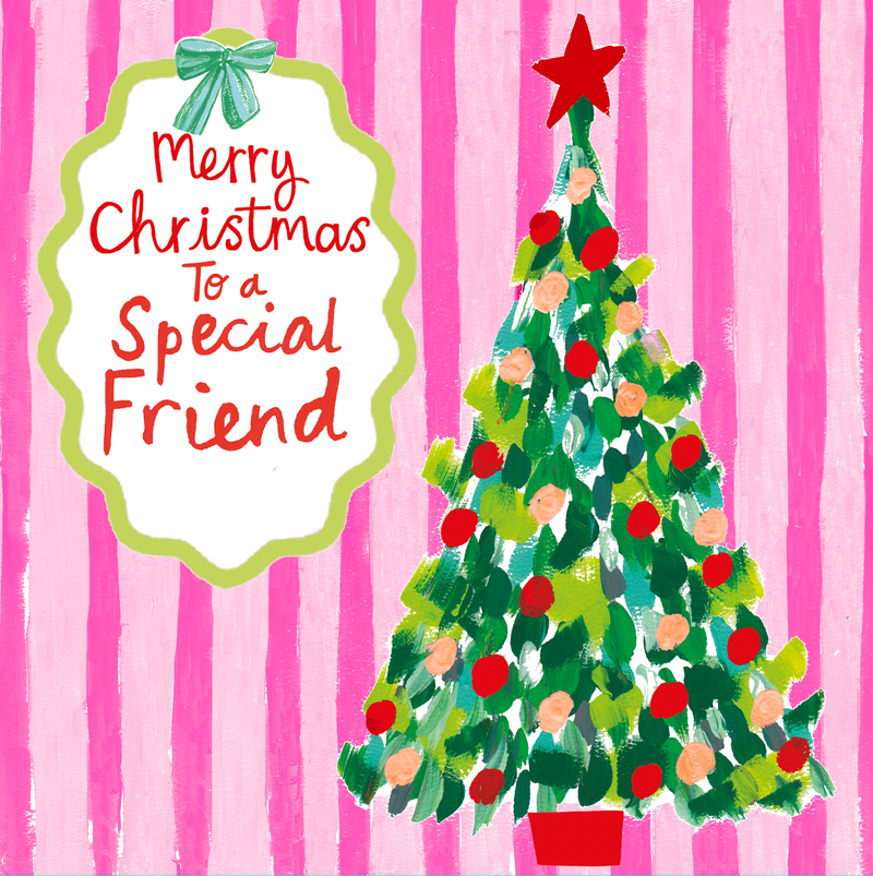 Christmas card reading ‘Merry Christmas to a Special Friend,’ beside a decorated tree topped with a star, against a striped background