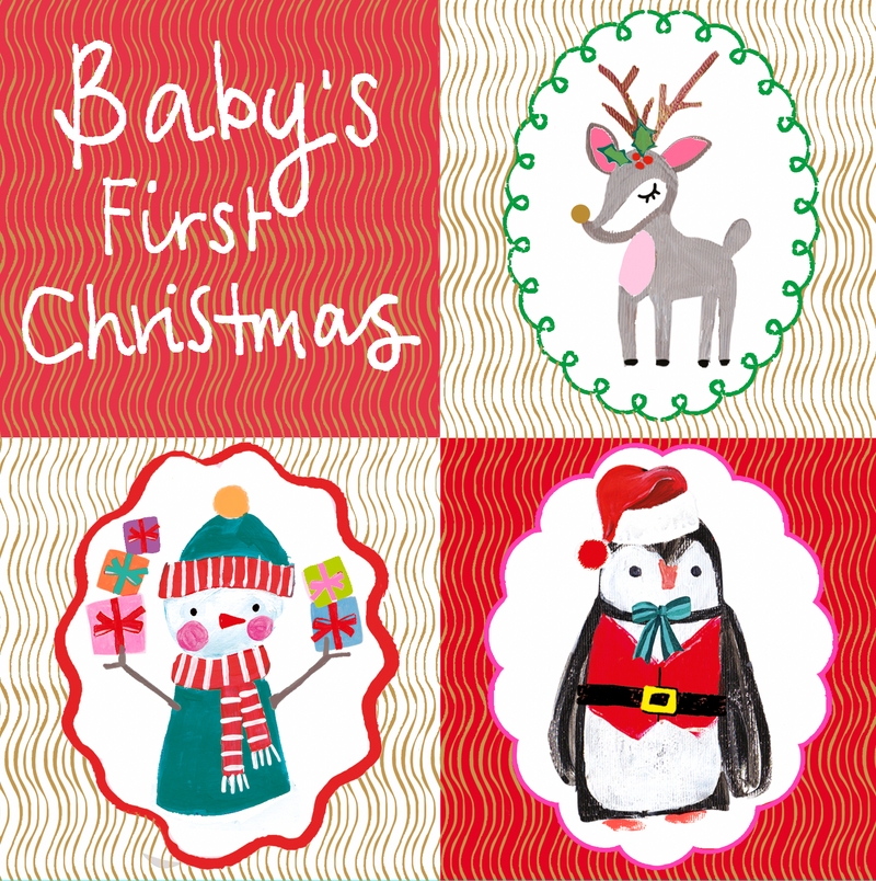 Baby’s First Christmas card with a reindeer, a snowman and a penguin dressed as Santa in festive cameo illustrations
