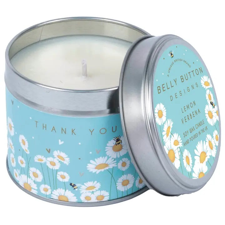 Thank You Daisies Lemon Verbena scented candle in a gift-ready tin, 195g, hand-poured soy wax — Little Monkey Gifts