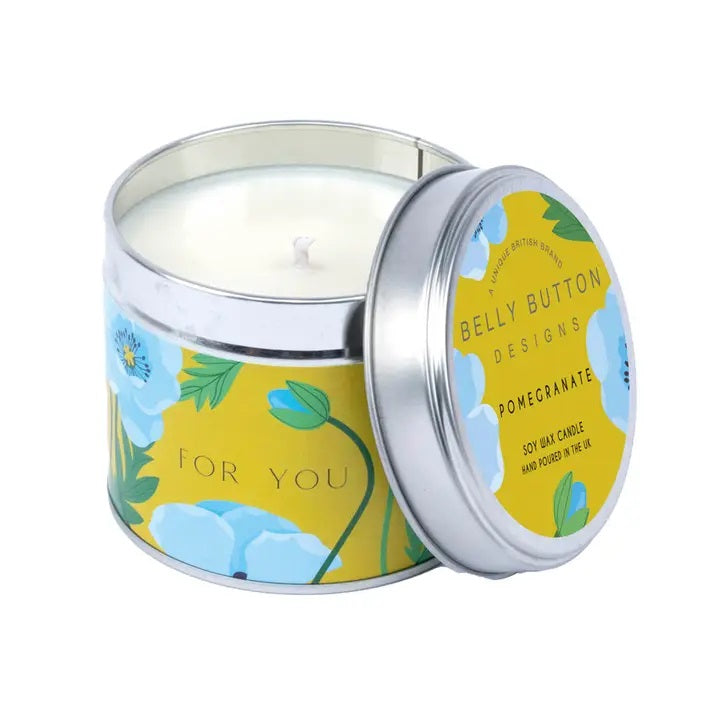 Blue Poppy For You Pomegranate scented candle in a decorative gift tin, 195g soy wax — Little Monkey Gifts