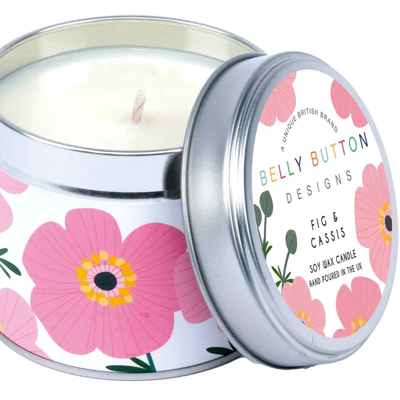 Pink Cosmos Fig & Cassis soy wax candle in bold floral silver tin, front view on white background