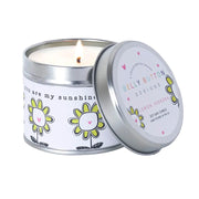 You Are My Sunshine lemon verbena lit soy wax candle in recyclable tin with lid, front view on white background