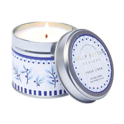 China Blue Fresh Linen scented candle in a recyclable botanical tin, 195g soy wax — Little Monkey Gifts