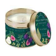 Belly Button Designs Warm Winter Wishes soy wax candle in open dark green gold tin with fig and botanical illustration, Fig & Cassis fragrance, white background