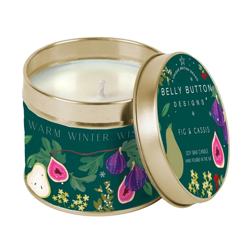 Belly Button Designs Warm Winter Wishes soy wax candle in open dark green gold tin with fig and botanical illustration, Fig & Cassis fragrance, white background