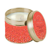 Belly Button Designs Christmas soy wax candle in open red and gold confetti dot tin, Vanilla Spiced Orange fragrance, white background