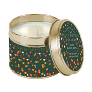 Belly Button Designs Warm Winter soy wax candle in open dark green and gold confetti dot tin, white background