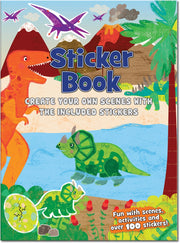 Dinosaur Sticker Book front cover showing illustrated T-rex, triceratops, pterodactyls and prehistoric landscape with volcanoes, over 100 stickers included