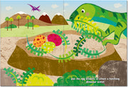 Inside spread of Dinosaur Sticker Book showing a dinosaur nesting scene with egg stickers to place, bold illustrated prehistoric background