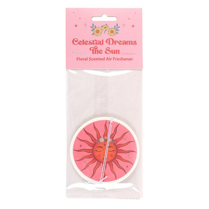 Celestial Dreams The Sun floral scented air freshener in clear packaging showing the sun face design with daisy flower crown on a white background