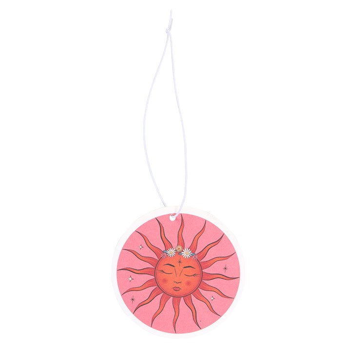 Celestial Dreams The Sun air freshener hanging by its white cord showing the full circular sun face design on a white background