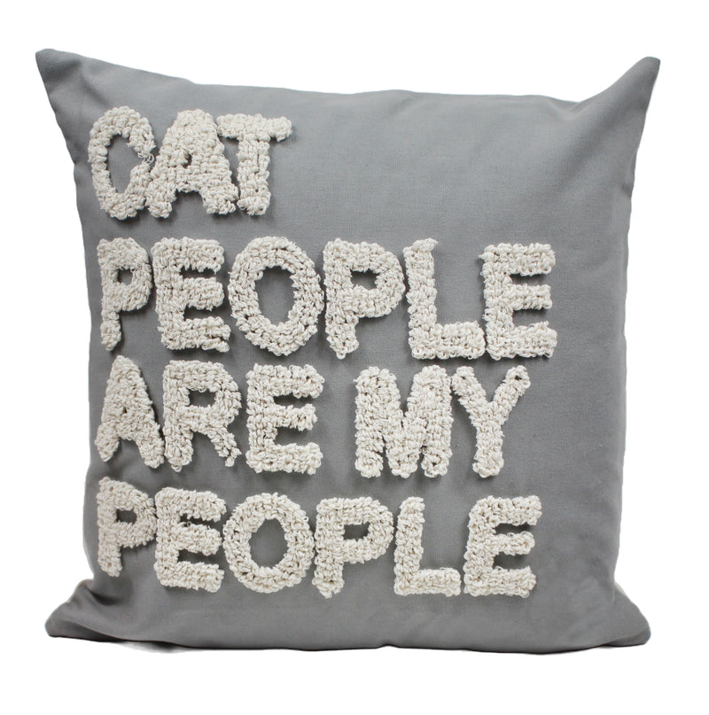 Cat People Are My People Embroidered Cushion with chunky tufted cream lettering reading "Cat People Are My People" on grey background, 45 x 45 cm, on white background