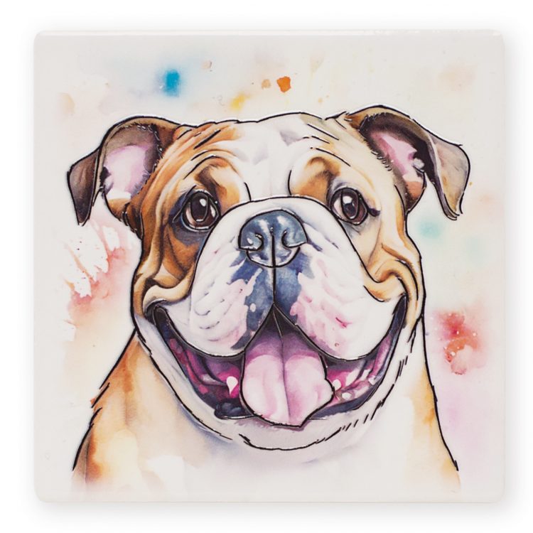 English Bulldog Ceramistone coaster with raised tube-lined watercolour artwork of a smiling fawn and white English Bulldog with tongue out on a soft white background with pastel paint splashes, square format with white border