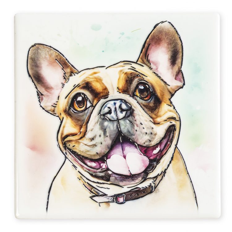 Ceramistone French Bulldog coaster with raised tube-lined artwork designed by a British artist, 10x10cm with cork backing