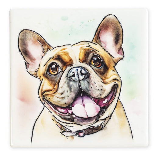 Ceramistone French Bulldog coaster with raised tube-lined artwork designed by a British artist, 10x10cm with cork backing